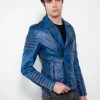 Mens Quilted Blue Leather Motorcycle Jacket