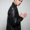 Mens Quilted Black Leather Moto Jacket