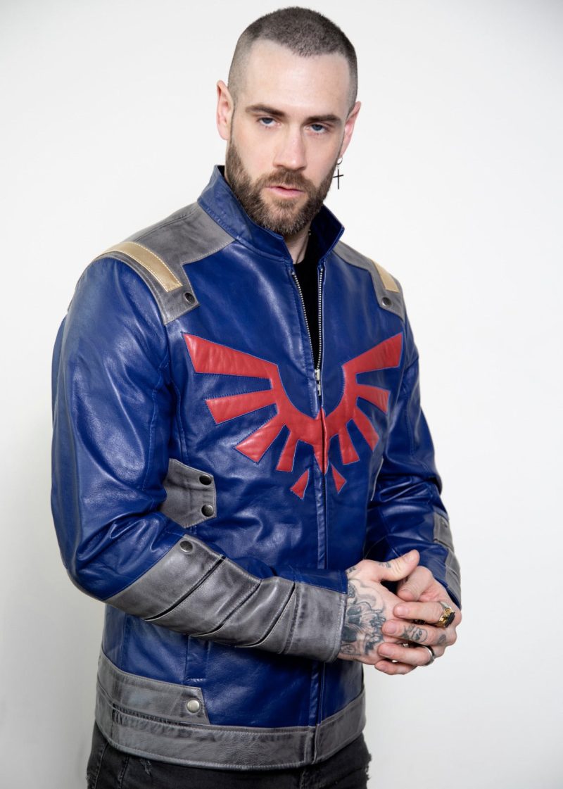 link royal blue shield breath of the wild leather jacket