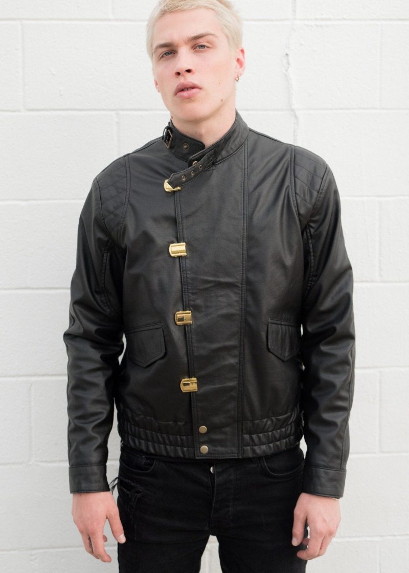 Mens Akira Kaneda Black Leather Jacket Front Closed