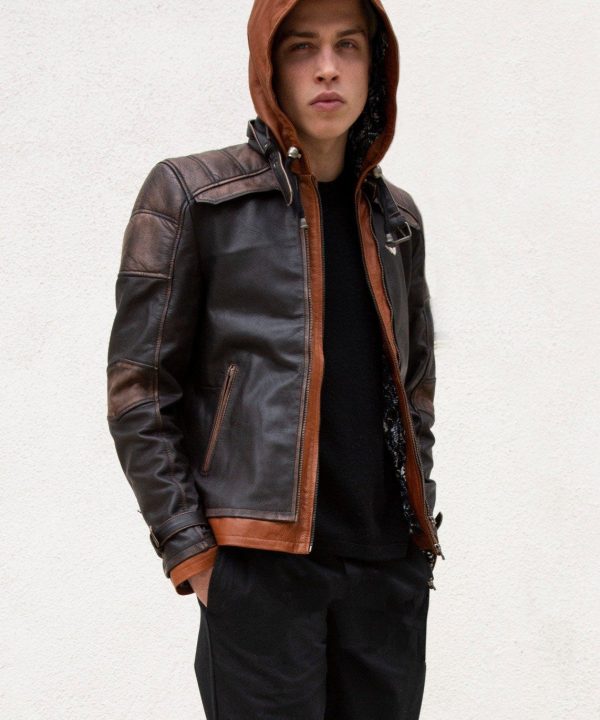 Mens Arkham Knight Jason Todd Brown Hood Leather Jacket