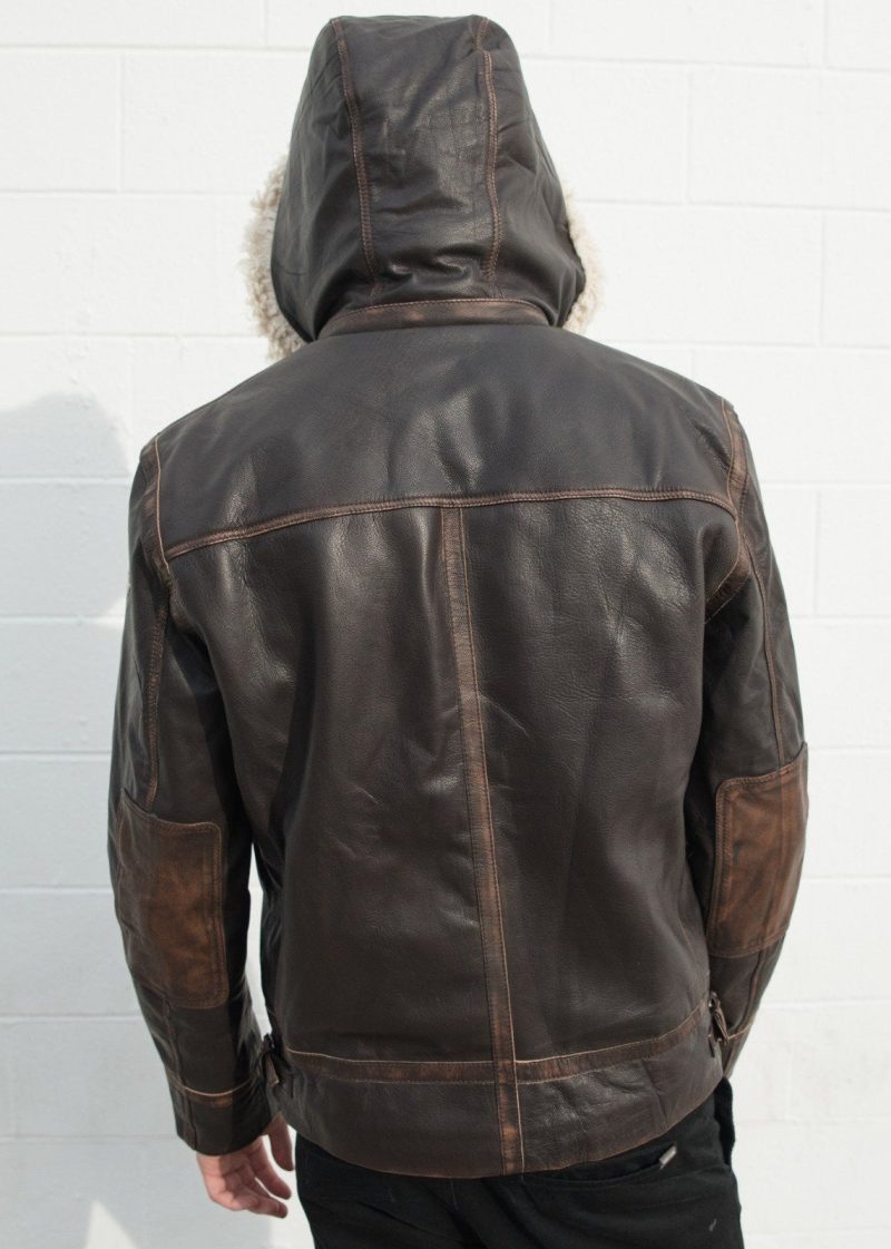 Men Aviator Leather Bomber Jacket with Fur Hood Brown