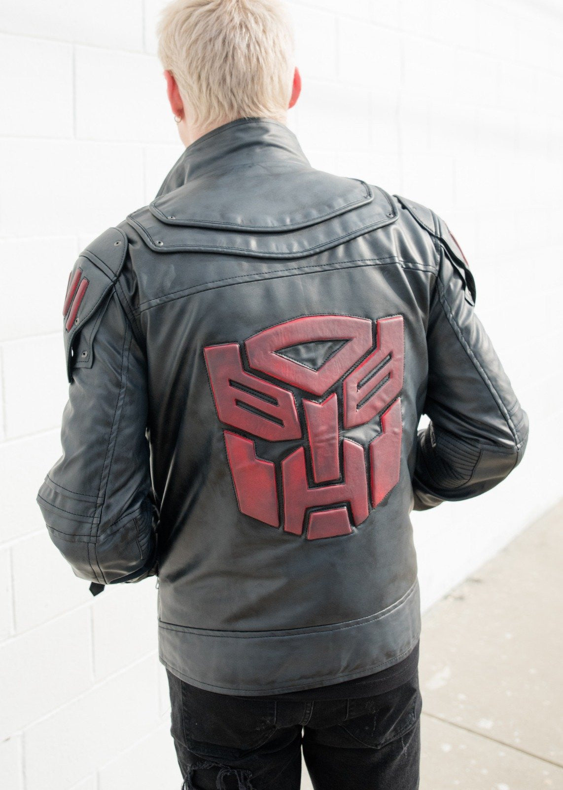 Mens Transformers Autobot Logo Shield Leather Jacket Black Armor