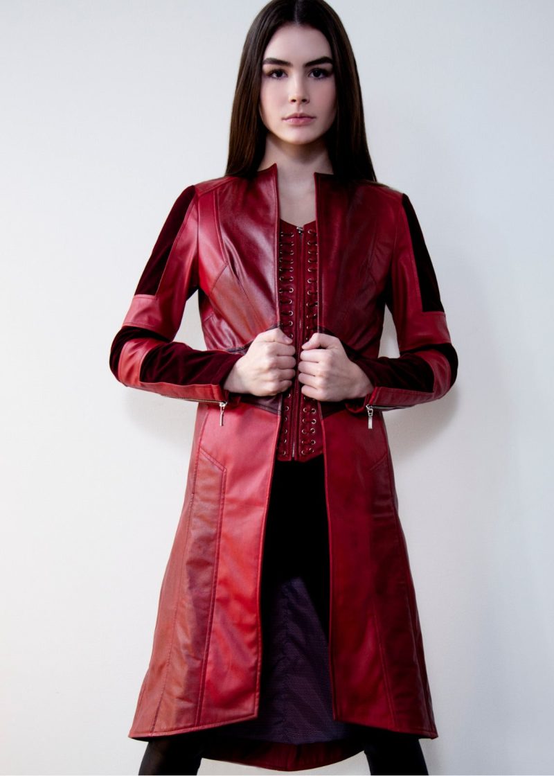 Womens Scarlet Witch Red Leather Trench Coat