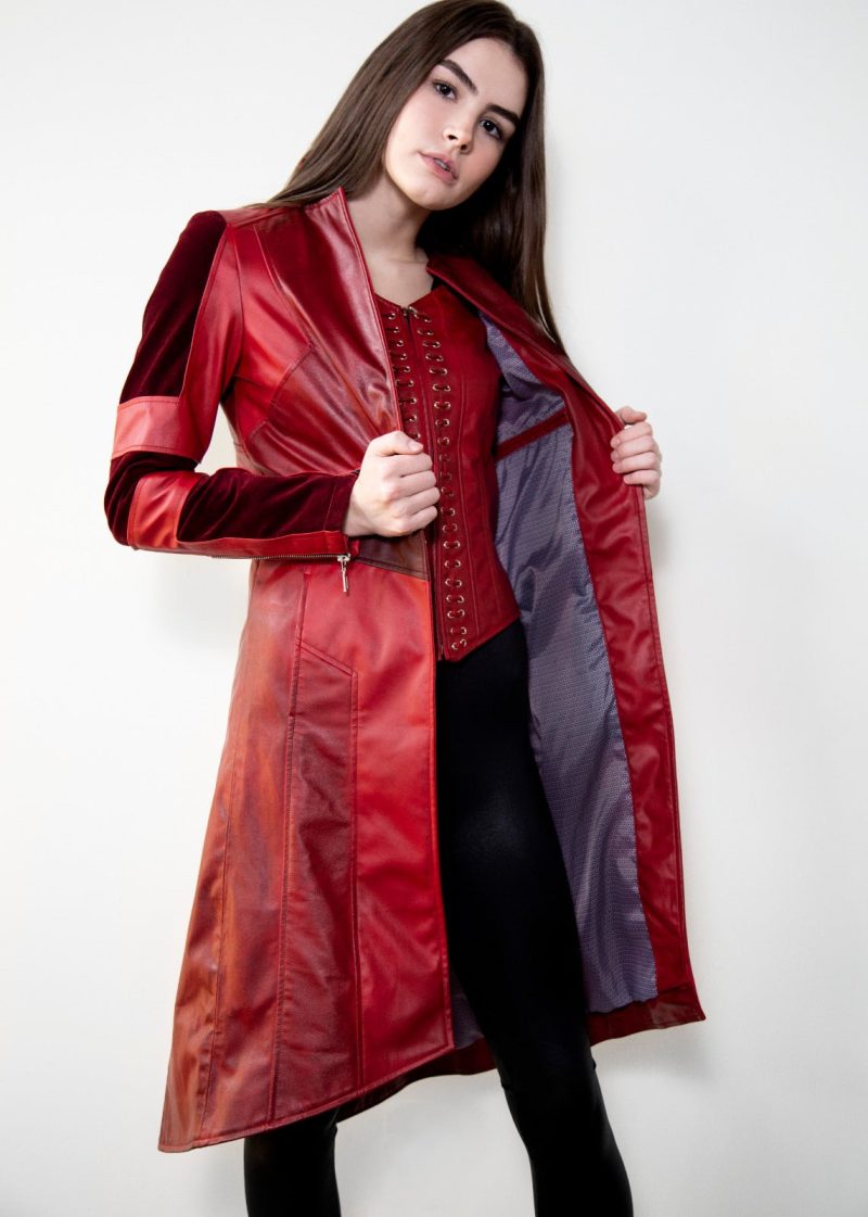 Womens Scarlet Witch Wanda Cosplay Costume Red Leather Trench Coat