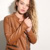 Womens Quilted Leather Motorcycle Jacket Light Brown