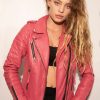 Womens Quilted Leather Motorcycle Jacket Pink Fashion
