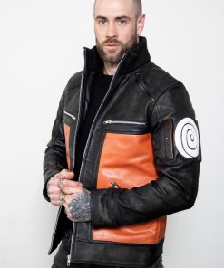 Mens Naruto Anime Shippuden Orange Black Leather Jacket Hoodie Costume