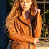 Womens Quilted Leather Motorcycle Jacket Light Brown
