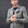 Mens Bright Grey Quilted Biker Leather Motorcycle Jacket Gray