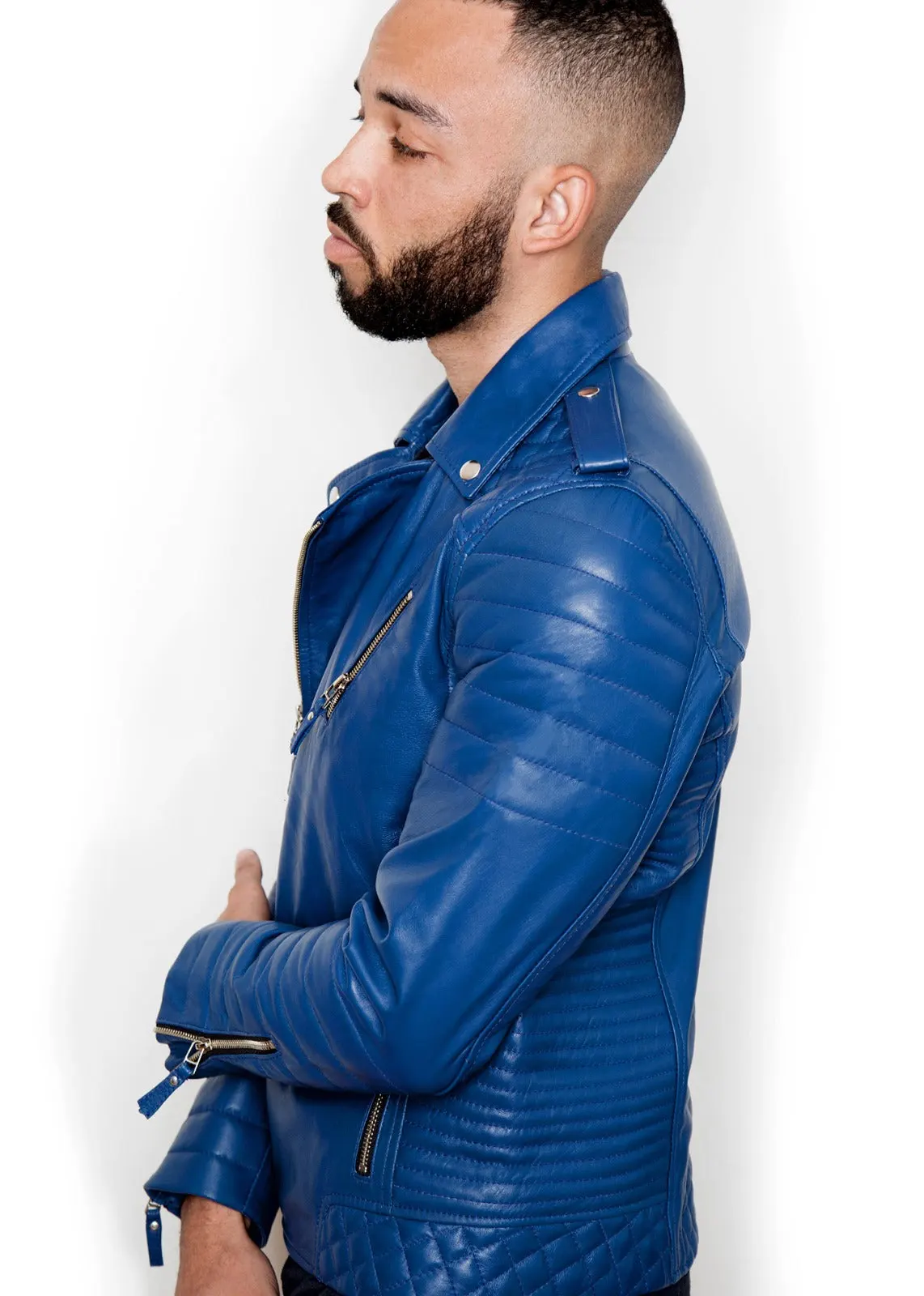 Mens Quilted biker Leather Motorcycle Jacket Blue
