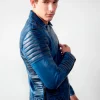 Mens Quilted biker Leather Motorcycle Jacket Burnt Blue