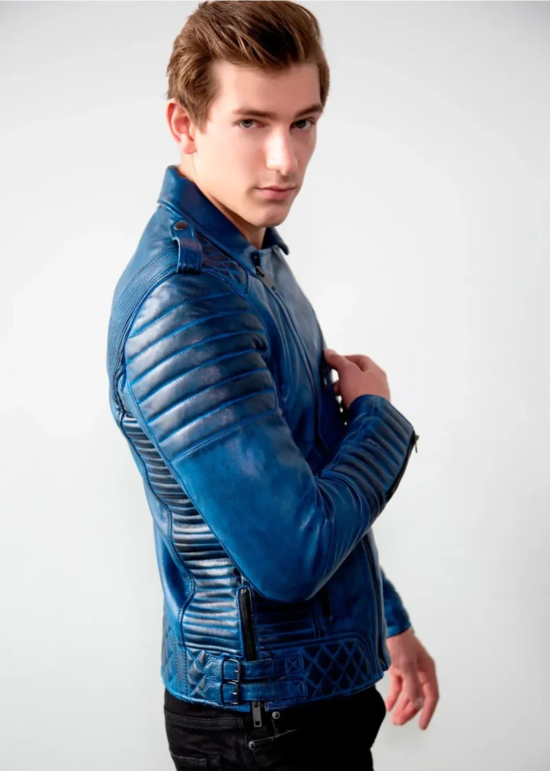 Mens Quilted biker Leather Motorcycle Jacket Burnt Blue
