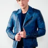 Mens Quilted biker Leather Motorcycle Jacket Burnt Blue