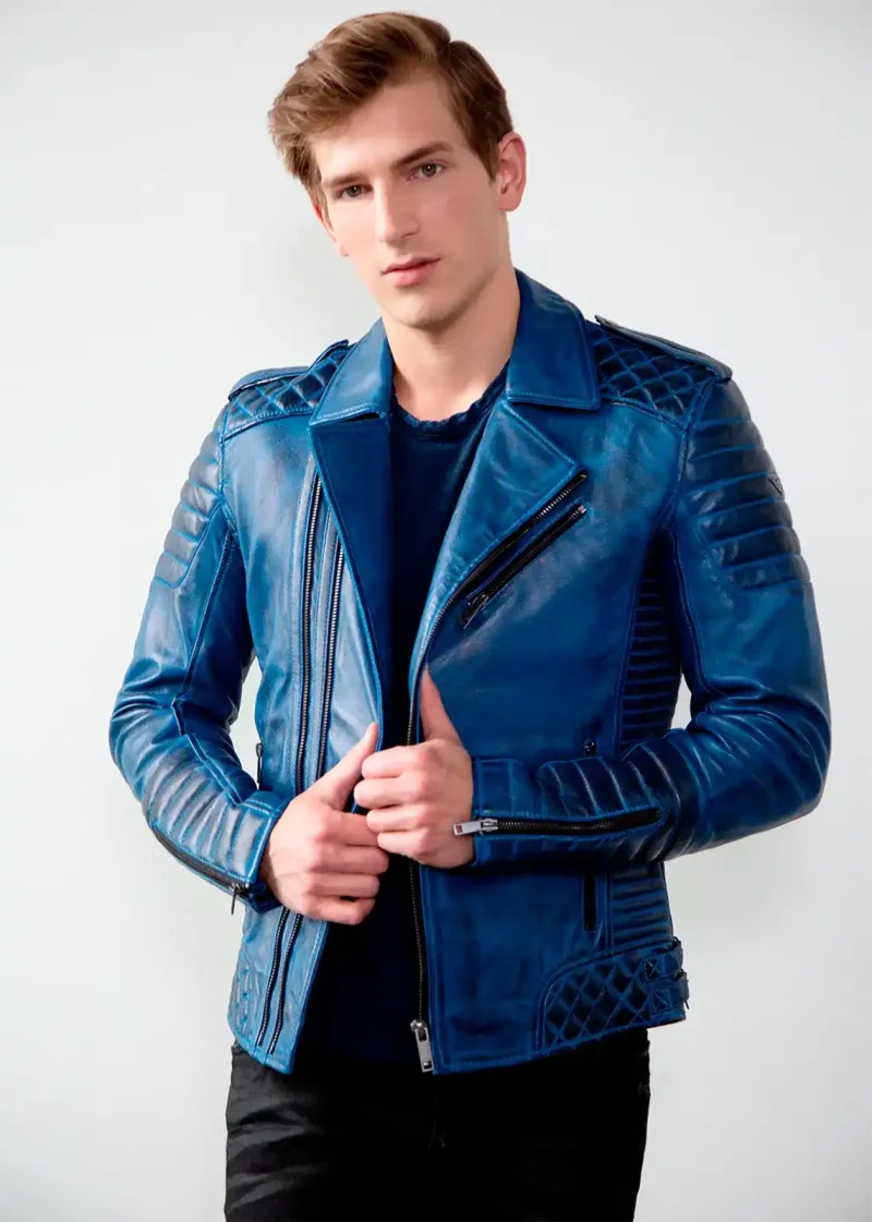 Mens Quilted biker Leather Motorcycle Jacket Burnt Blue