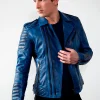 Mens Quilted biker Leather Motorcycle Jacket Burnt Blue