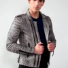 Mens Charcoal Gray Quilted Leather Motorcycle Jacket  Media