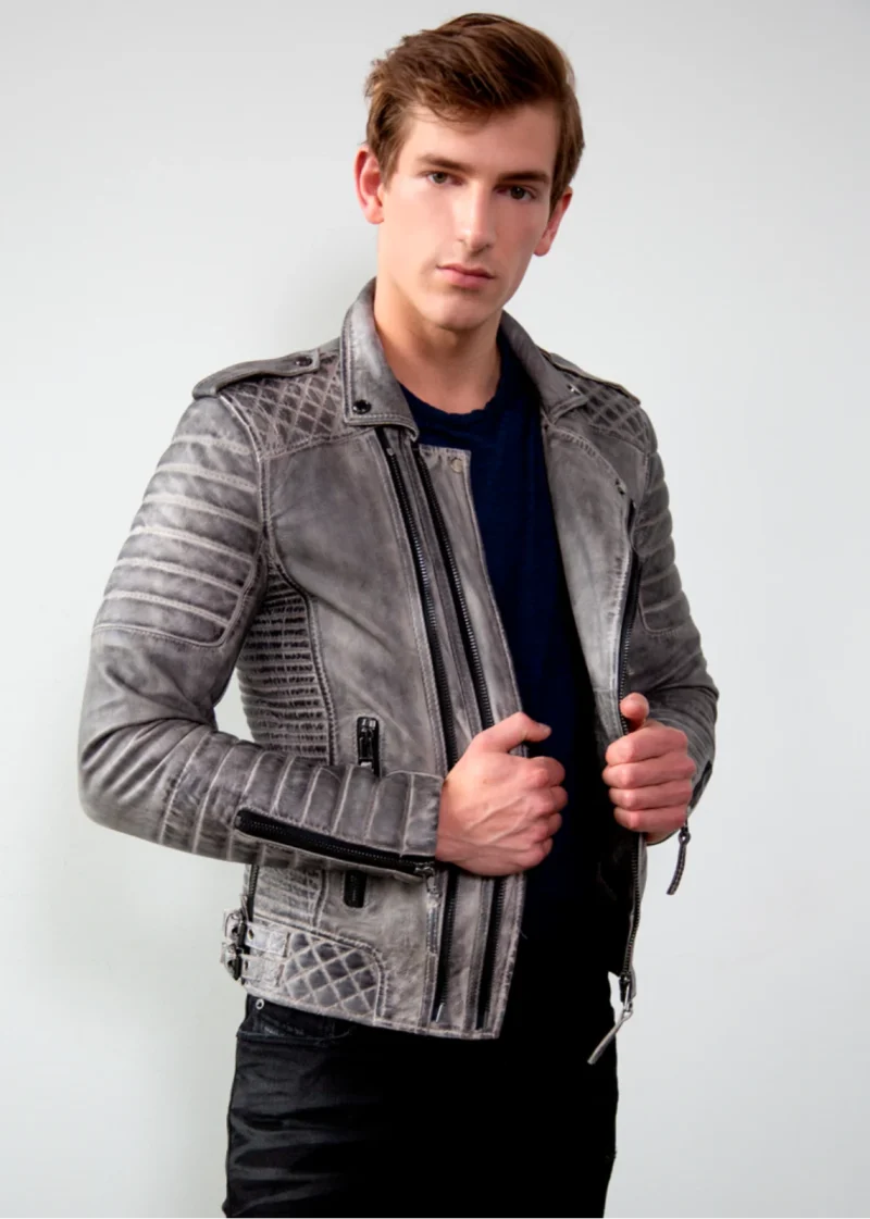 Mens Charcoal Gray Quilted Leather Motorcycle Jacket  Media