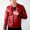 Mens Burnt Red Quilted Biker Leather Motorcycle Jacket