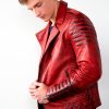 Mens Burnt Red Quilted Biker Leather Motorcycle Jacket