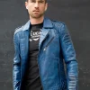 Mens Quilted biker Leather Motorcycle Jacket Blue