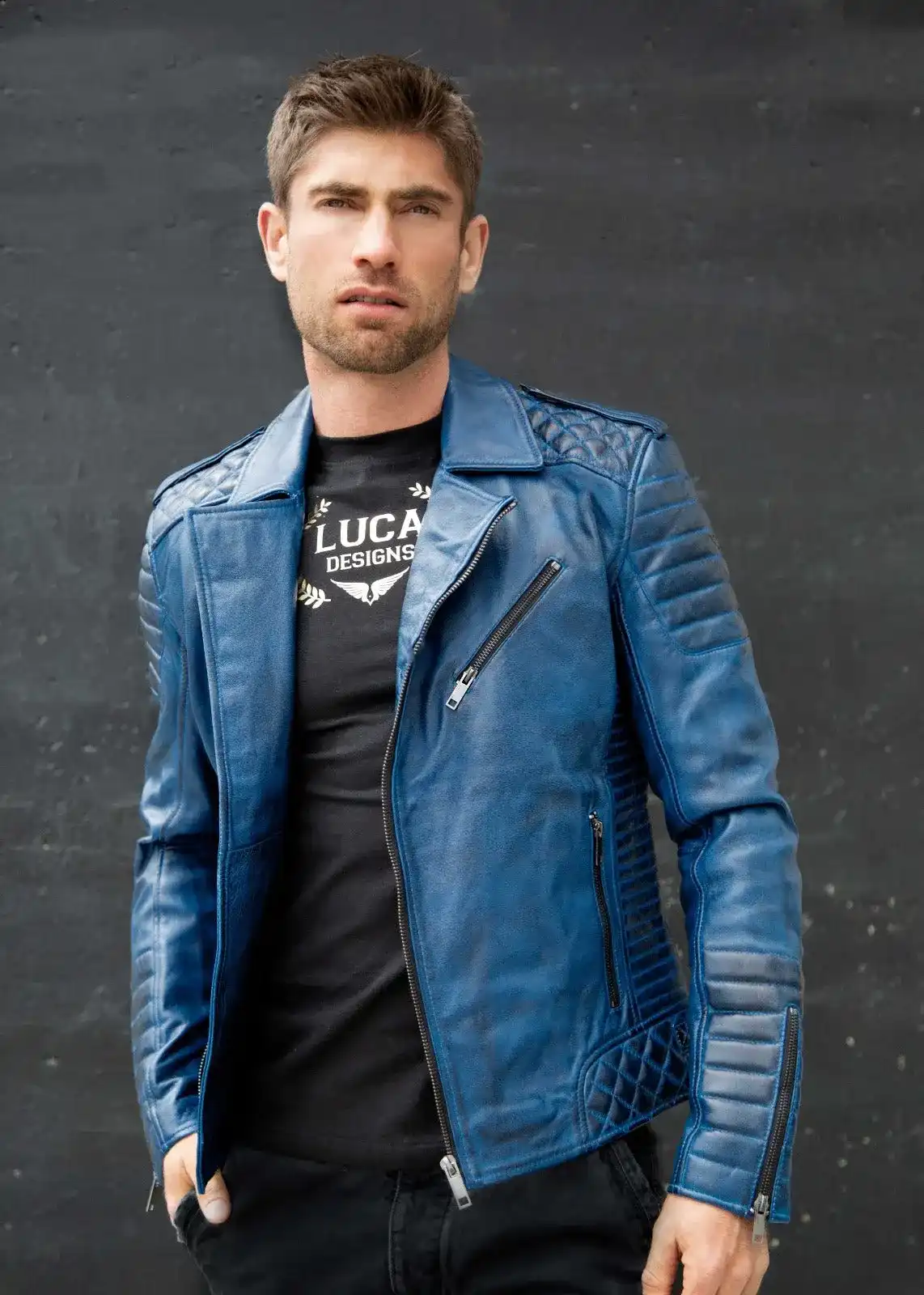 Mens Quilted biker Leather Motorcycle Jacket Blue