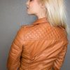 Womens Quilted Leather Motorcycle Jacket Brown