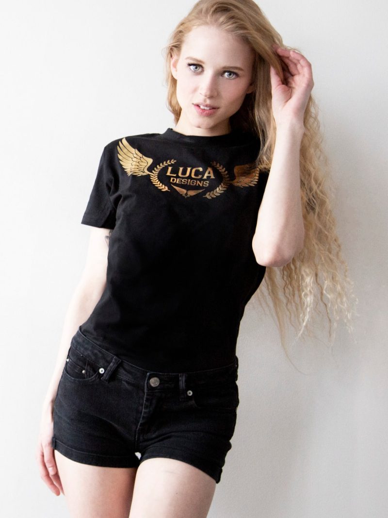 Womens Black Designer Tshirt with Chrome Luca Designs Logo Brand emblem French Terry Cotton