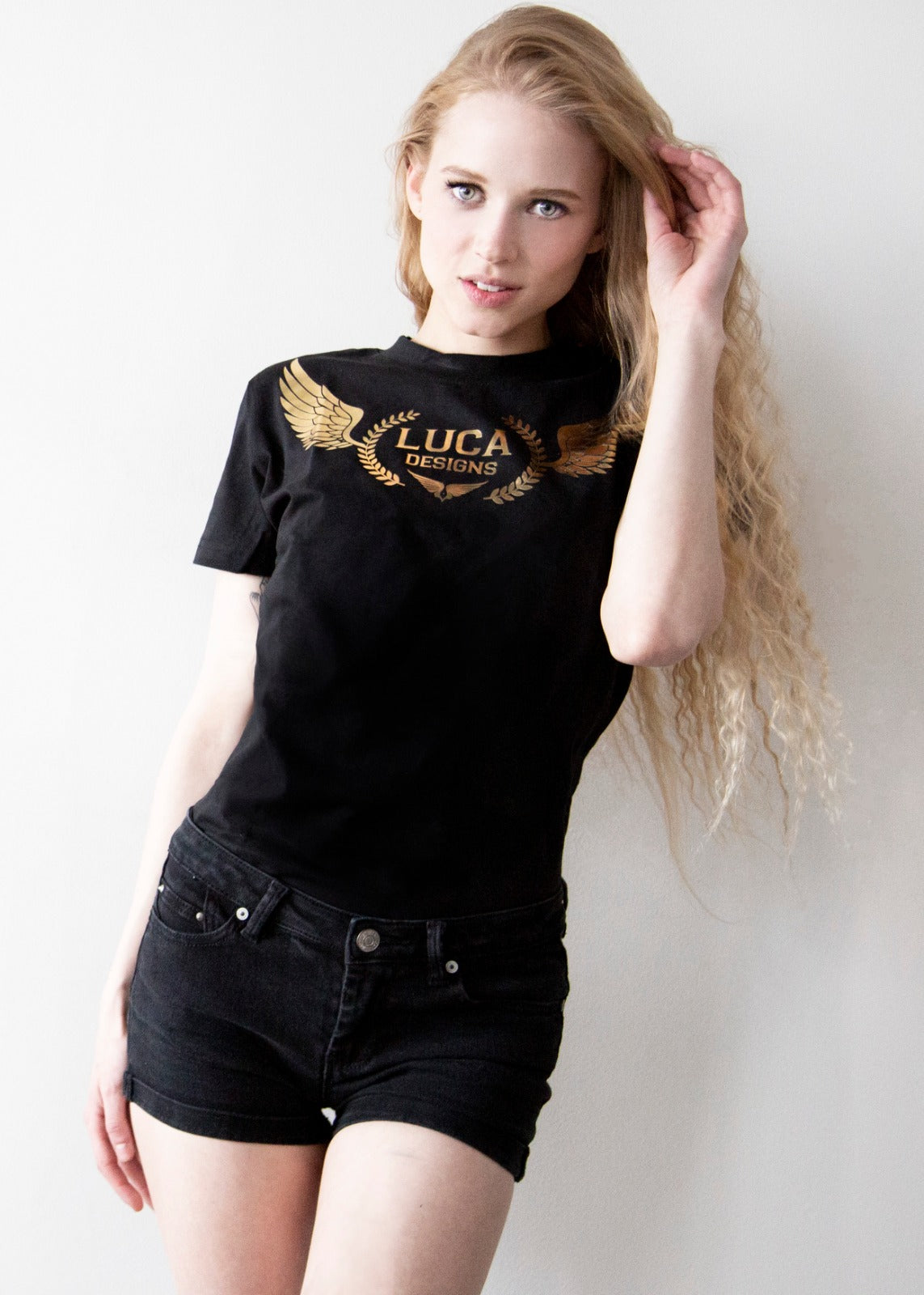 Womens Black Designer Tshirt with Chrome Luca Designs Logo Brand emblem French Terry Cotton