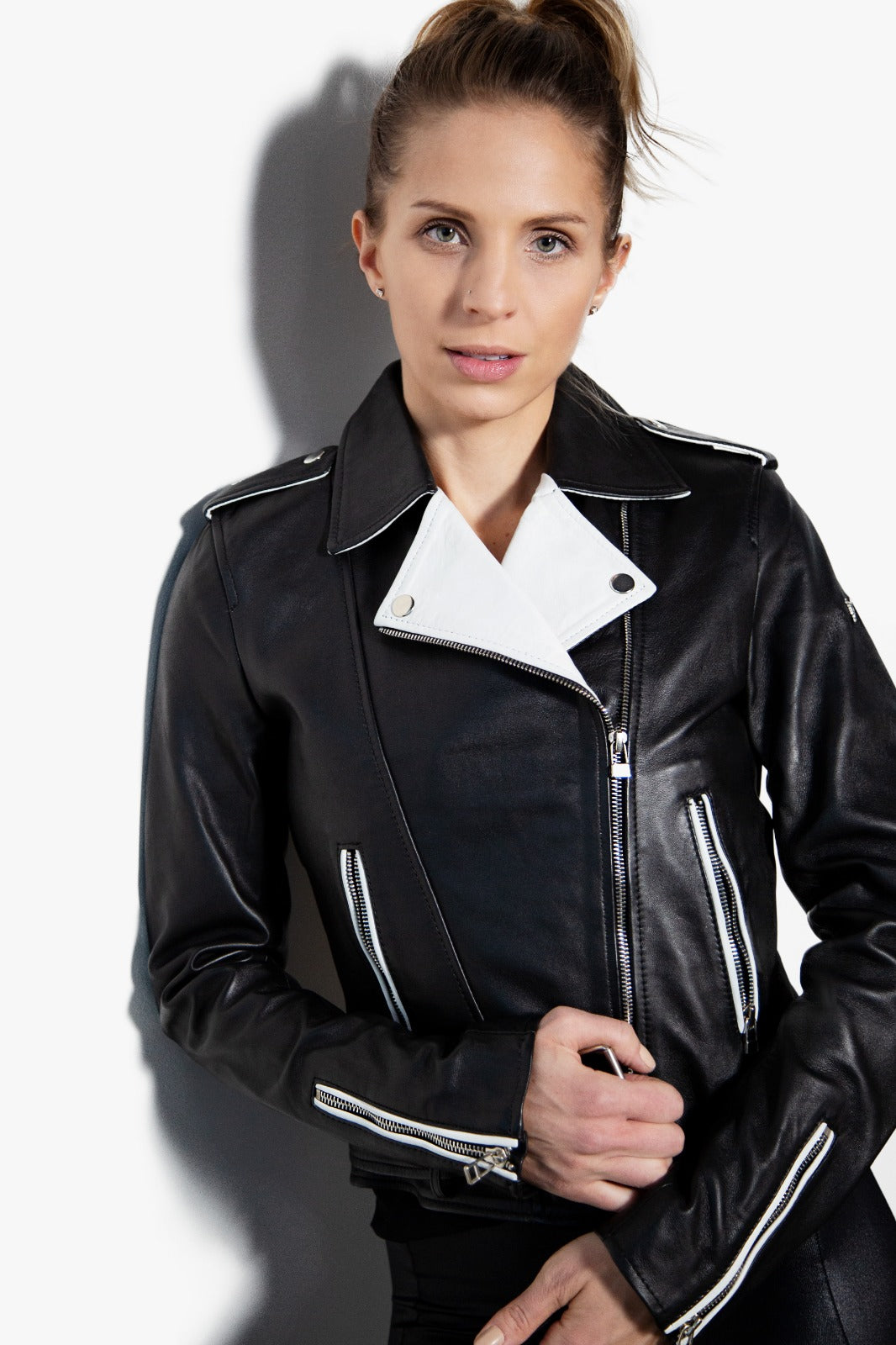 Womens Fashion Leather Jacket Black White Contrast