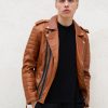 Mens Quilted Leather Motorcycle Jacket Caramel Brown
