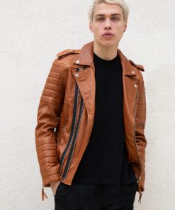 Mens Quilted Leather Motorcycle Jacket Caramel Brown