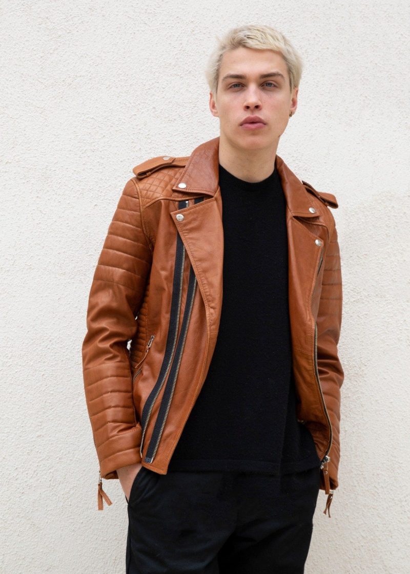Mens Quilted Leather Motorcycle Jacket Caramel Brown