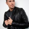 Mens Quilted Leather Motorcycle Biker Jacket Black Balmain