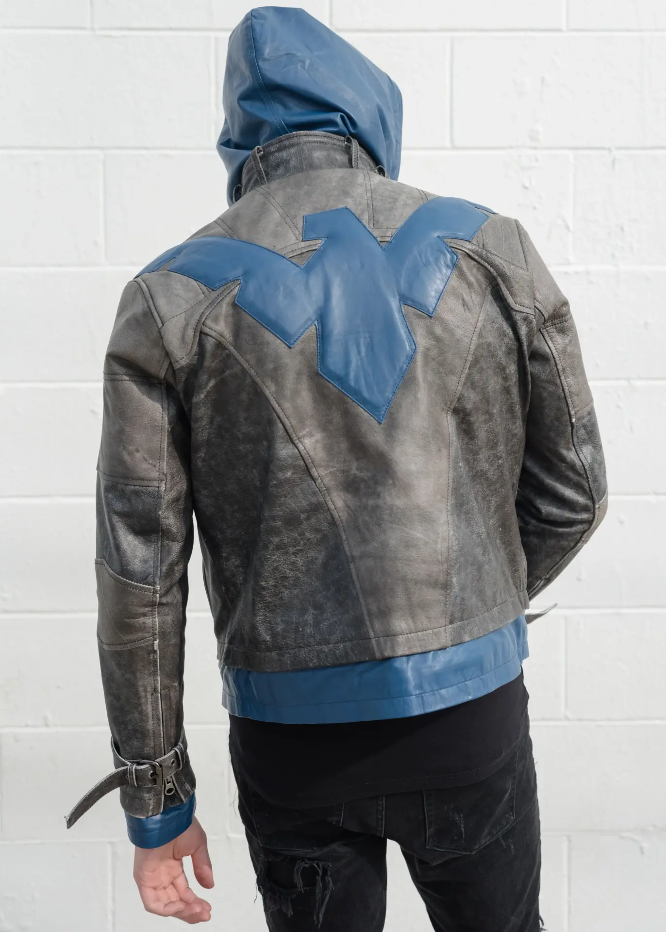 Mens Blue Hood Leather Jacket