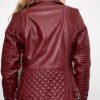 Womens Quilted Leather Motorcycle Jacket Maroon