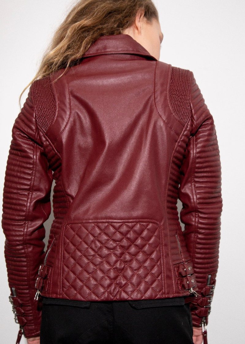 Womens Quilted Leather Motorcycle Jacket Maroon