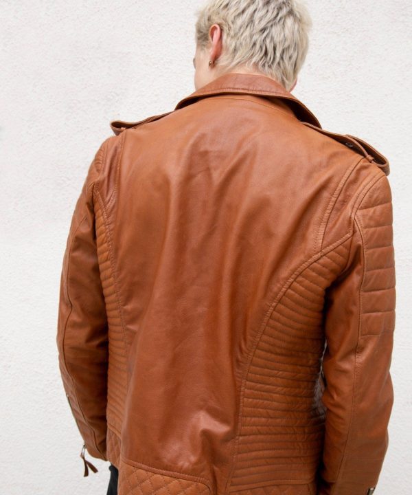 Mens Quilted Leather Motorcycle Jacket Caramel Brown