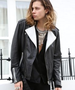 Mens Fashion Leather Jacket Black White Contrast