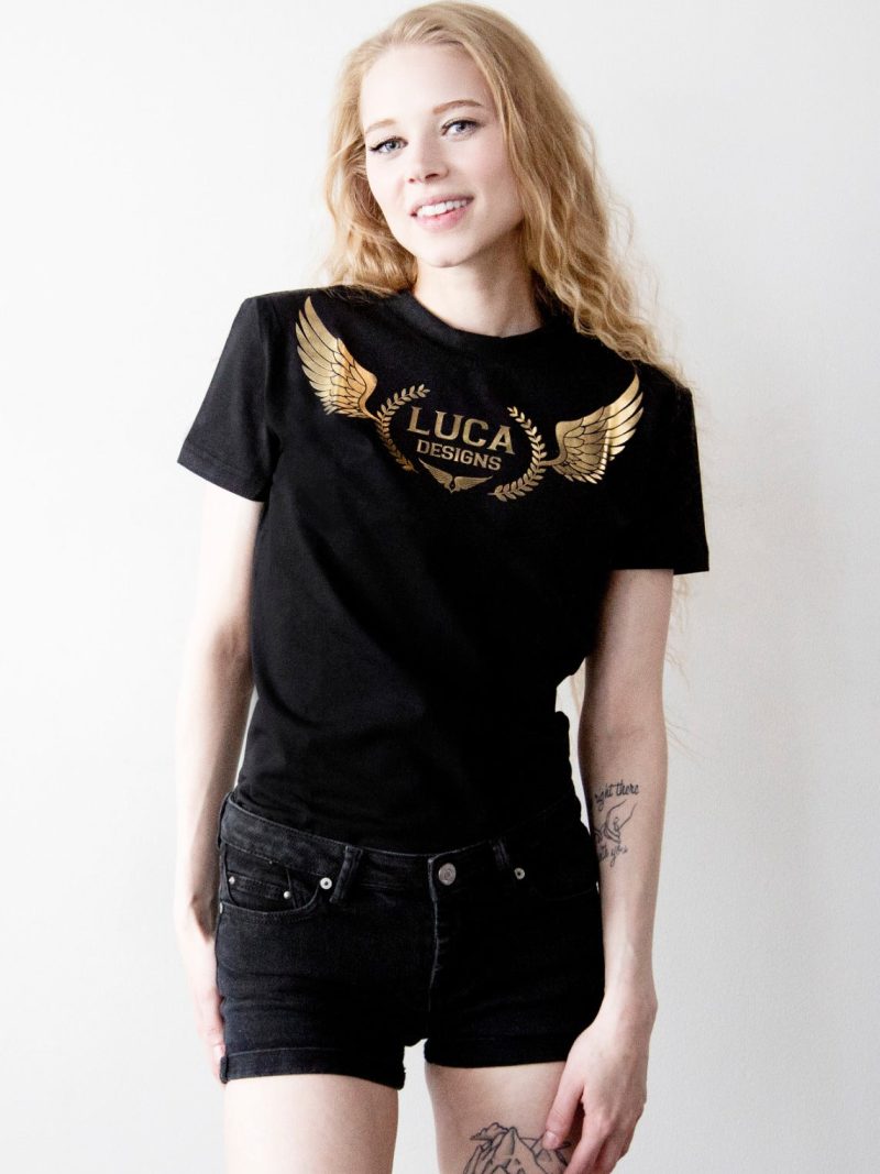 Womens Black Designer Tshirt with Chrome Luca Designs Logo Brand emblem Cotton