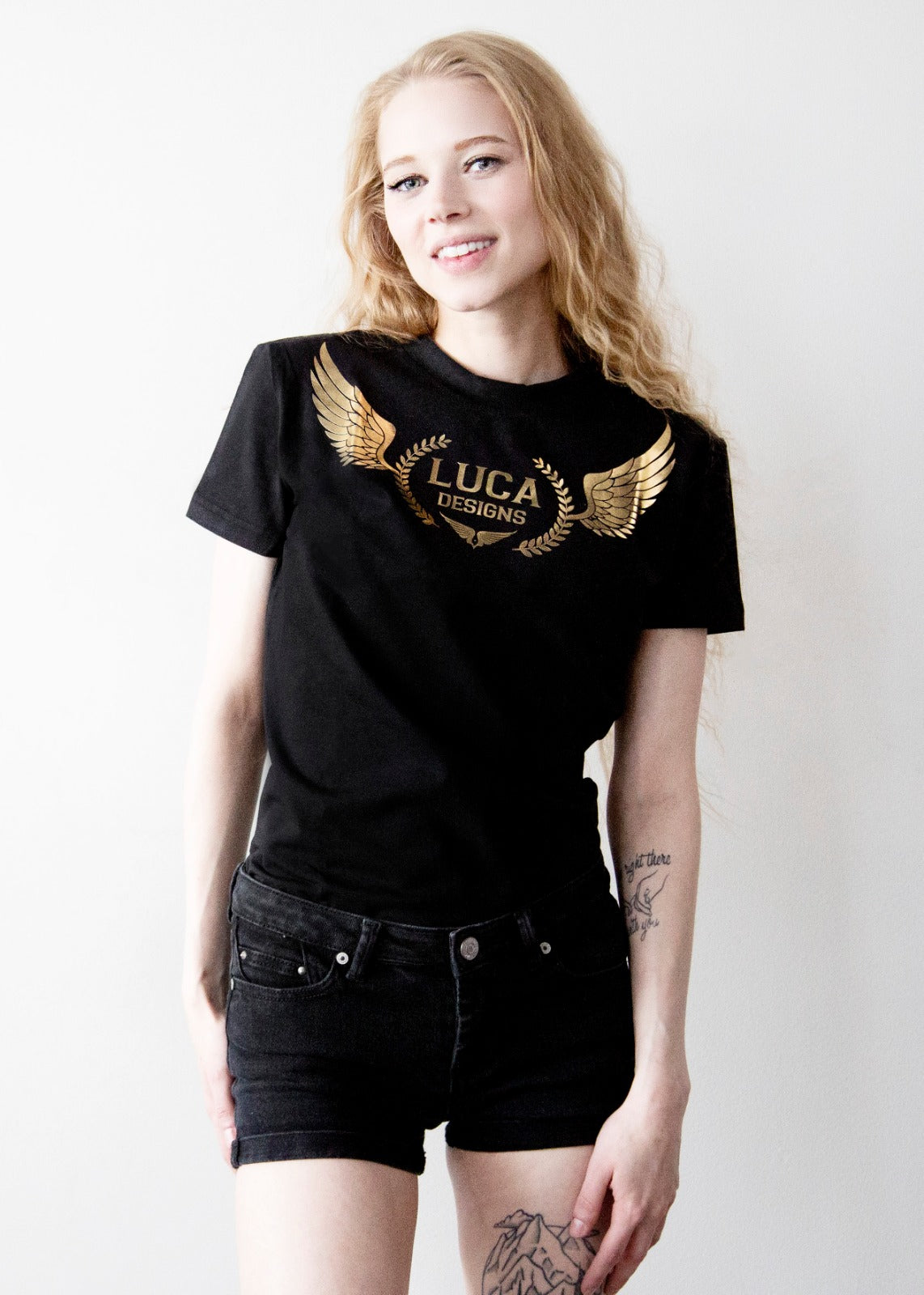 Womens Black Designer Tshirt with Chrome Luca Designs Logo Brand emblem Cotton