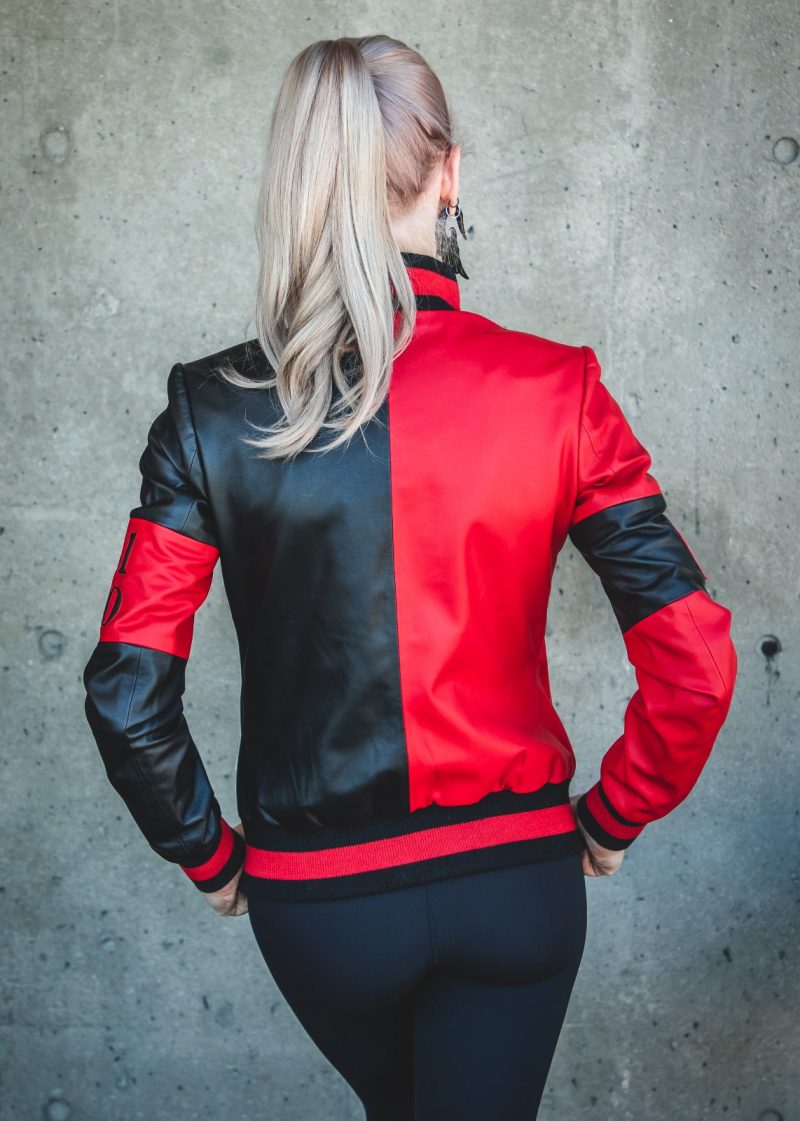 Womens Harley Quinn Leather Jacket Black and Red