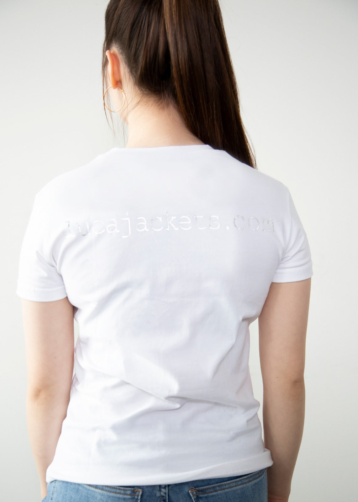 Womens Luca Designs White & Chrome Logo Graphic T-Shirt Back