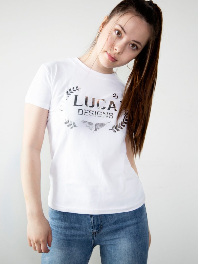 Womens Luca Designs White & Chrome Logo Graphic T-Shirt