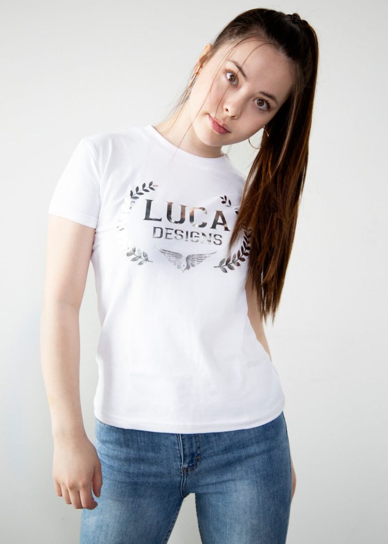 Womens Luca Designs White & Chrome Logo Graphic T-Shirt
