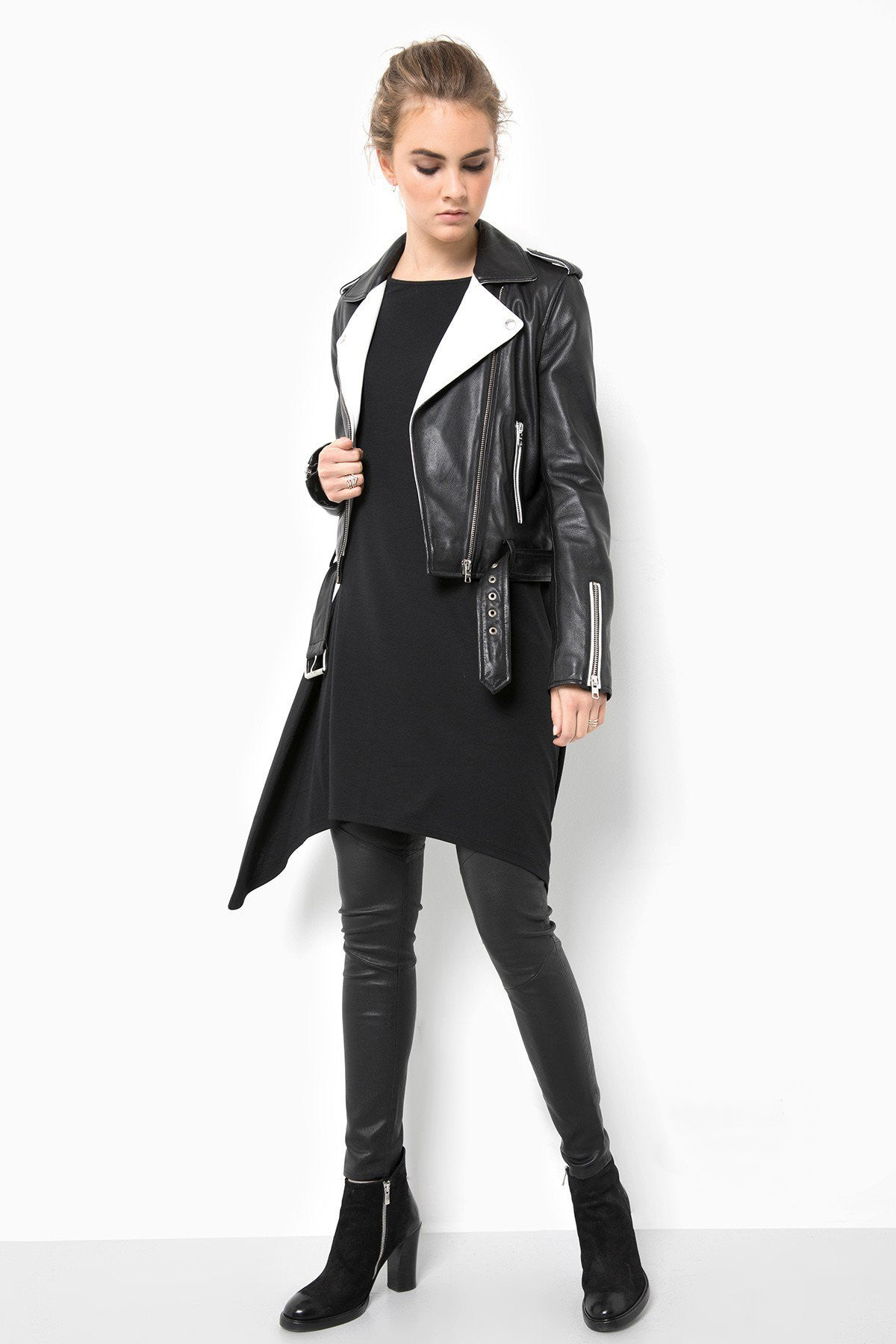 Womens Fashion Leather Jacket Black White Contrast