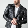 Mens Quilted Leather Motorcycle Jacket Black