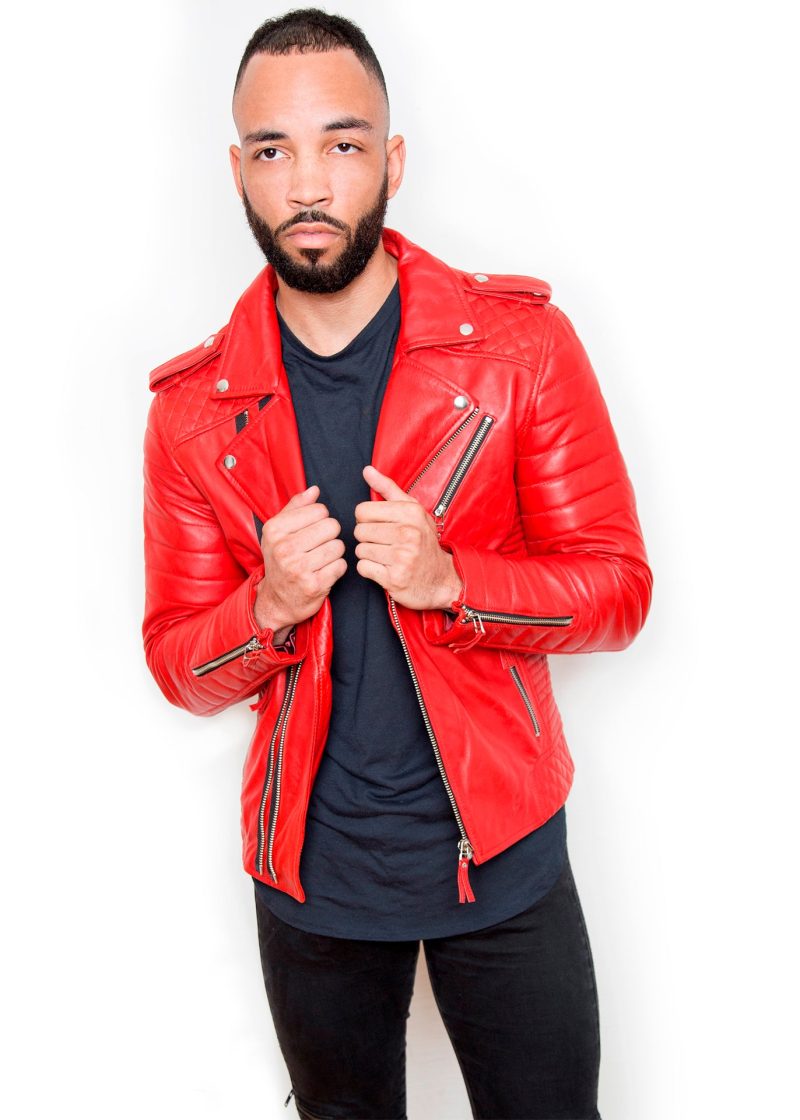 Mens Quilted Biker Leather Motorcycle Jacket Red