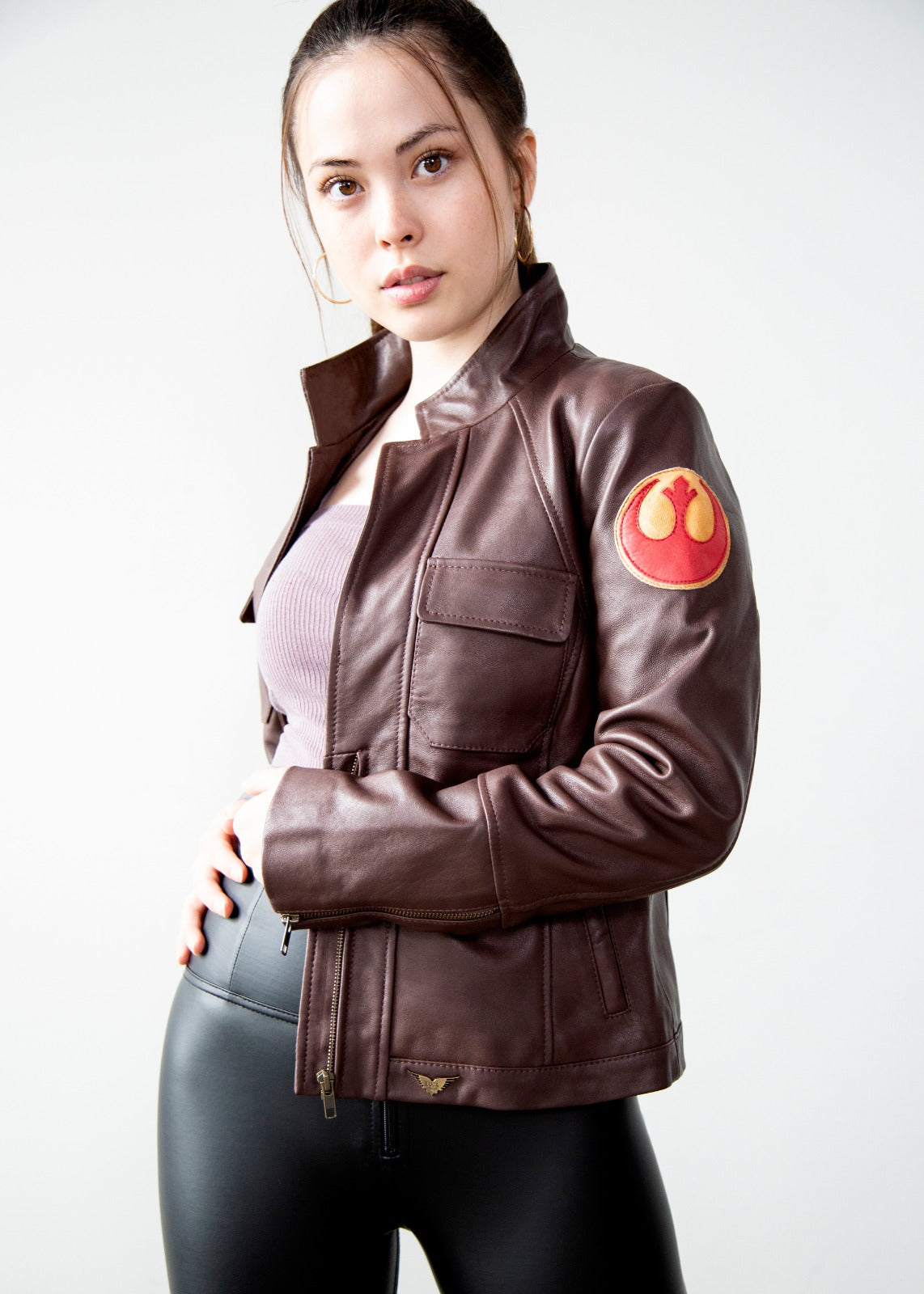 Womens Poe Dameron Rebel Alliance Brown Leather Jacket Starbird Insignia