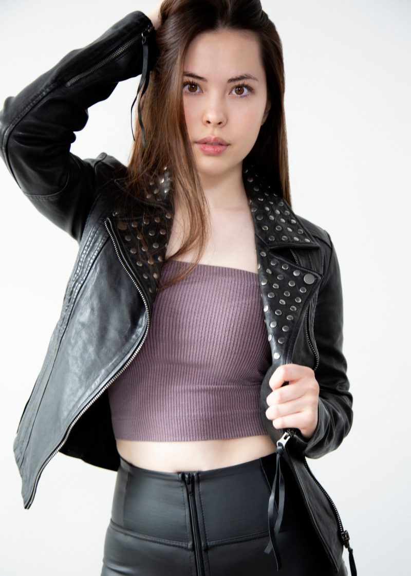 Womens Studded Black Motorcycle Leather Jacket Studs on Collar